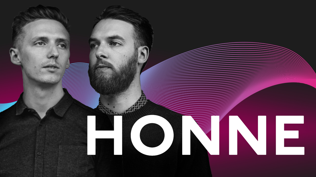 James Hatcher and Andy Clutterbuck of Honne with a graphic background