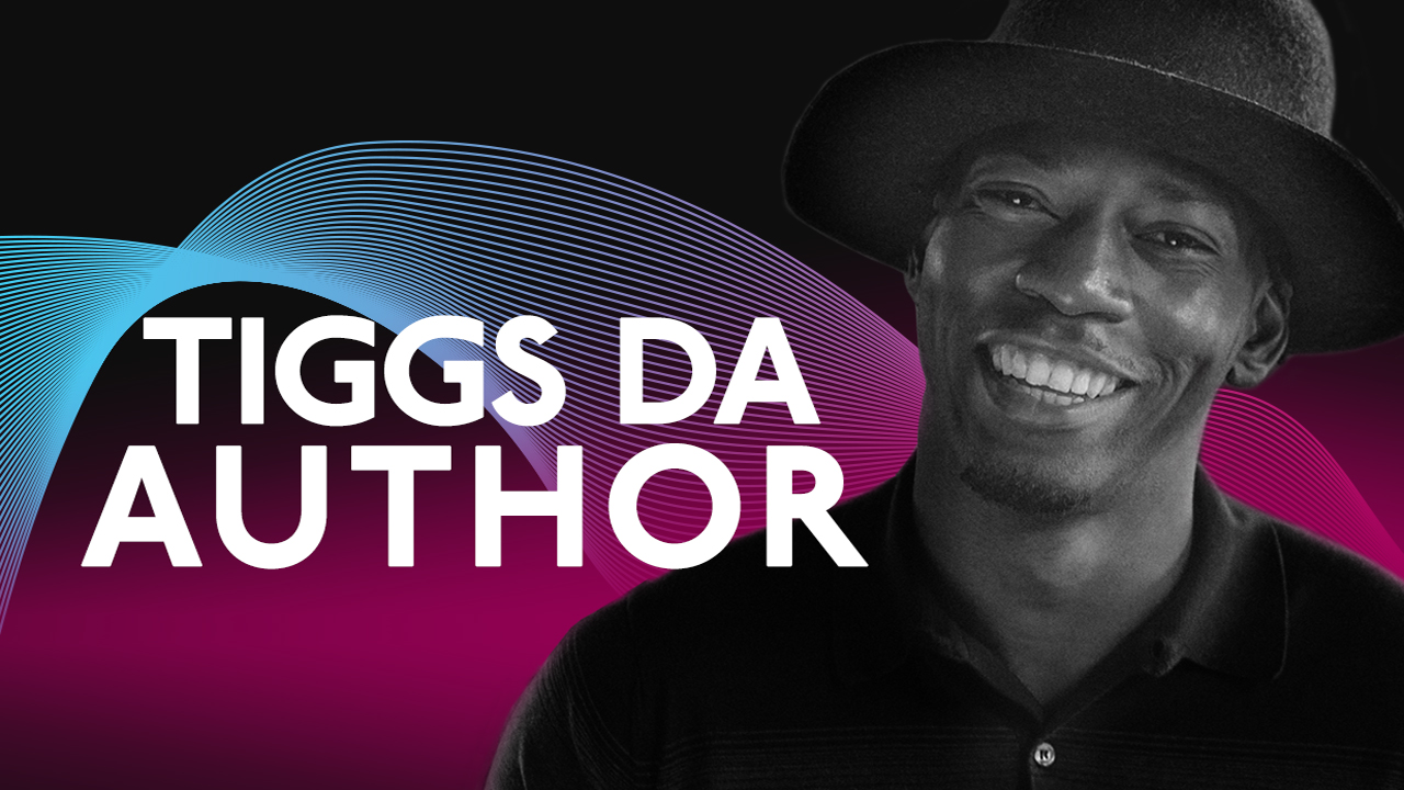 Tiggs Da Author wearing a black hat, with a graphic background