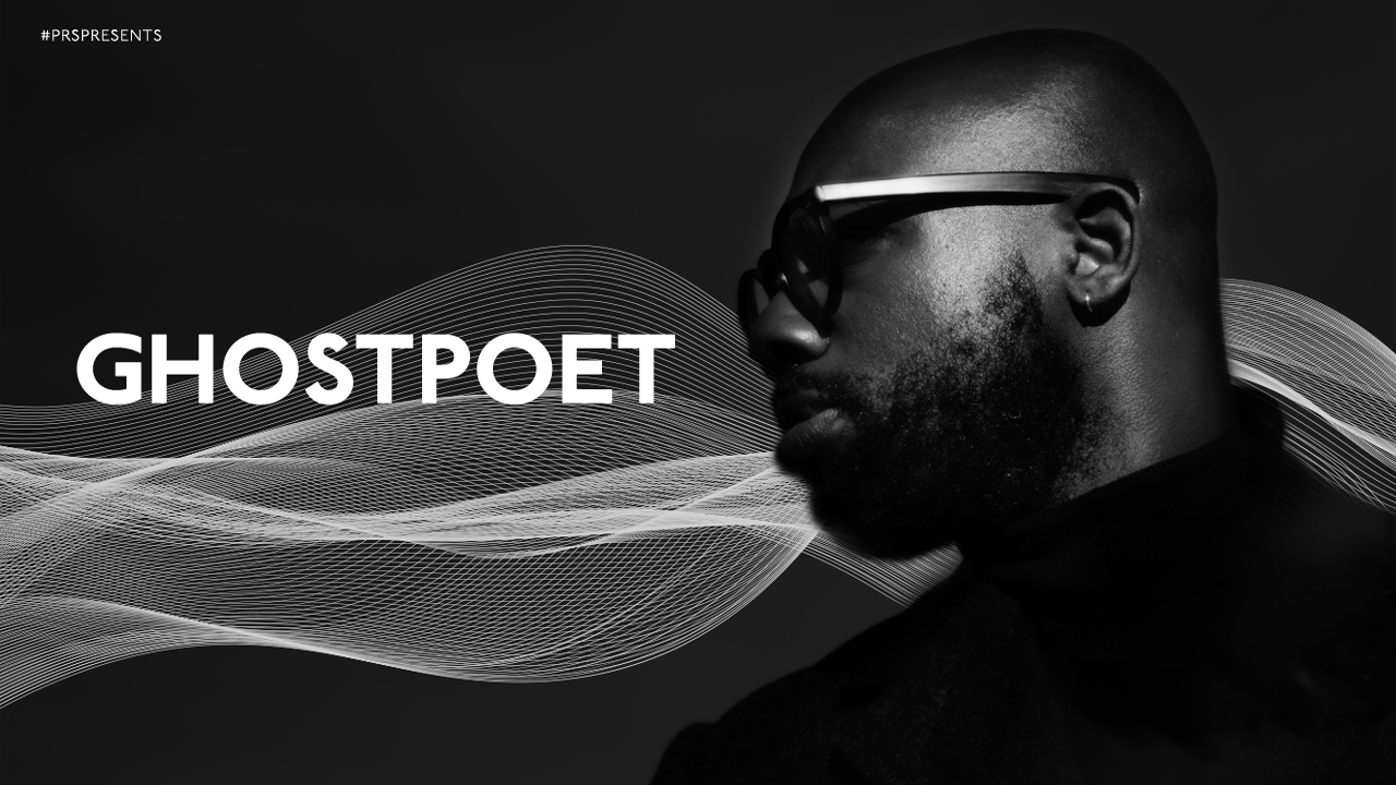 A side profile photo of Ghost Poet, on a graphic background for PRS for Music Presents