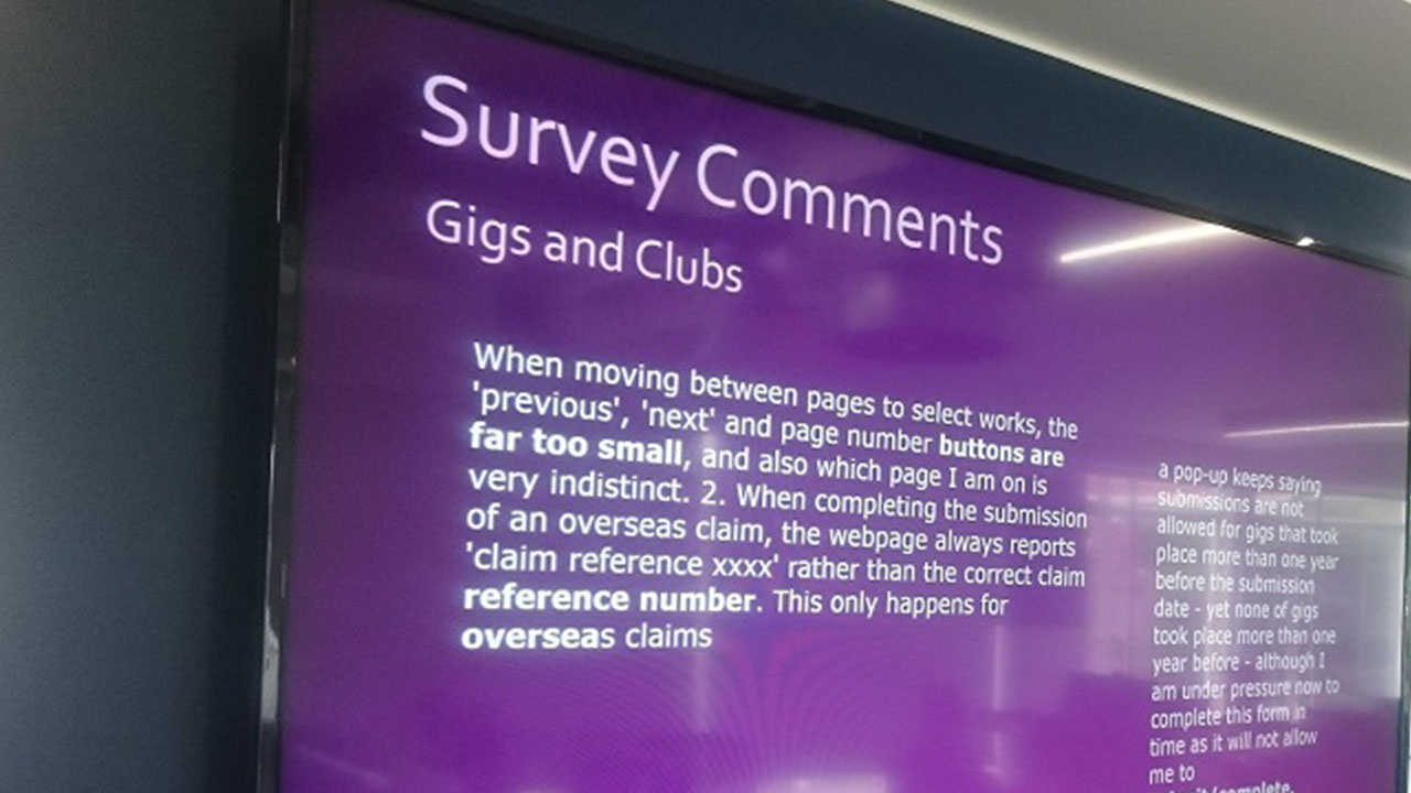 <i>PRS for Music</i> member comments are displayed throughout our offices